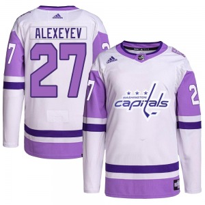 Authentic Adidas Youth Alexander Alexeyev White/Purple Hockey Fights Cancer Primegreen Jersey - NHL Washington Capitals