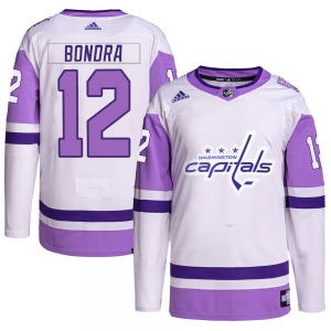 Authentic Adidas Youth Peter Bondra White/Purple Hockey Fights Cancer Primegreen Jersey - NHL Washington Capitals