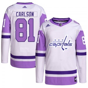 Authentic Adidas Youth Adam Carlson White/Purple Hockey Fights Cancer Primegreen Jersey - NHL Washington Capitals
