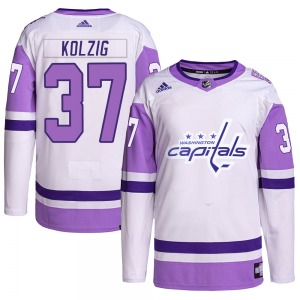 Authentic Adidas Youth Olaf Kolzig White/Purple Hockey Fights Cancer Primegreen Jersey - NHL Washington Capitals