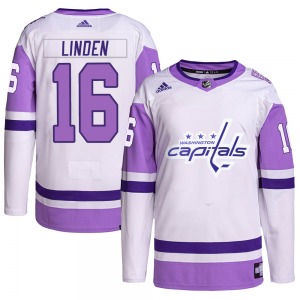 Authentic Adidas Youth Trevor Linden White/Purple Hockey Fights Cancer Primegreen Jersey - NHL Washington Capitals