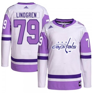 Authentic Adidas Youth Charlie Lindgren White/Purple Hockey Fights Cancer Primegreen Jersey - NHL Washington Capitals
