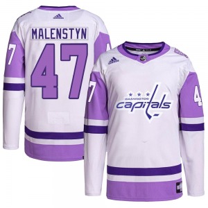 Authentic Adidas Youth Beck Malenstyn White/Purple Hockey Fights Cancer Primegreen Jersey - NHL Washington Capitals