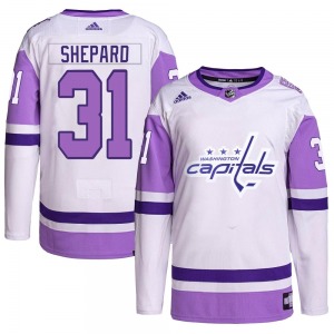 Authentic Adidas Youth Hunter Shepard White/Purple Hockey Fights Cancer Primegreen Jersey - NHL Washington Capitals