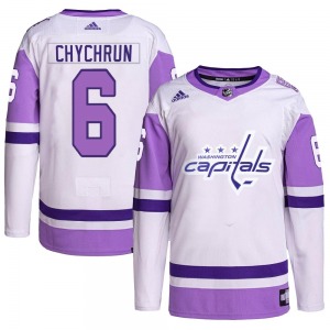 Authentic Adidas Youth Jakob Chychrun White/Purple Hockey Fights Cancer Primegreen Jersey - NHL Washington Capitals