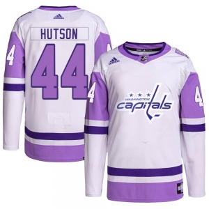 Authentic Adidas Youth Cole Hutson White/Purple Hockey Fights Cancer Primegreen Jersey - NHL Washington Capitals